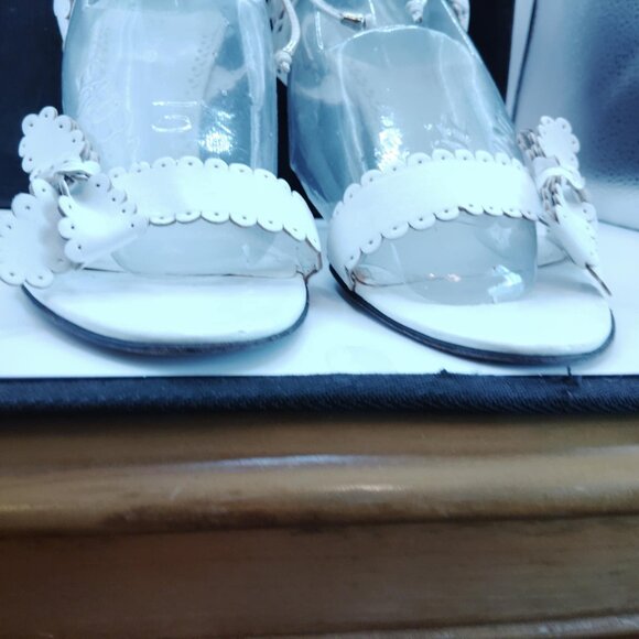 Bebe Bow High Heel Sandals  White Lacey Leather  Ankle Straps  8 1/2 M - Picture 7 of 12
